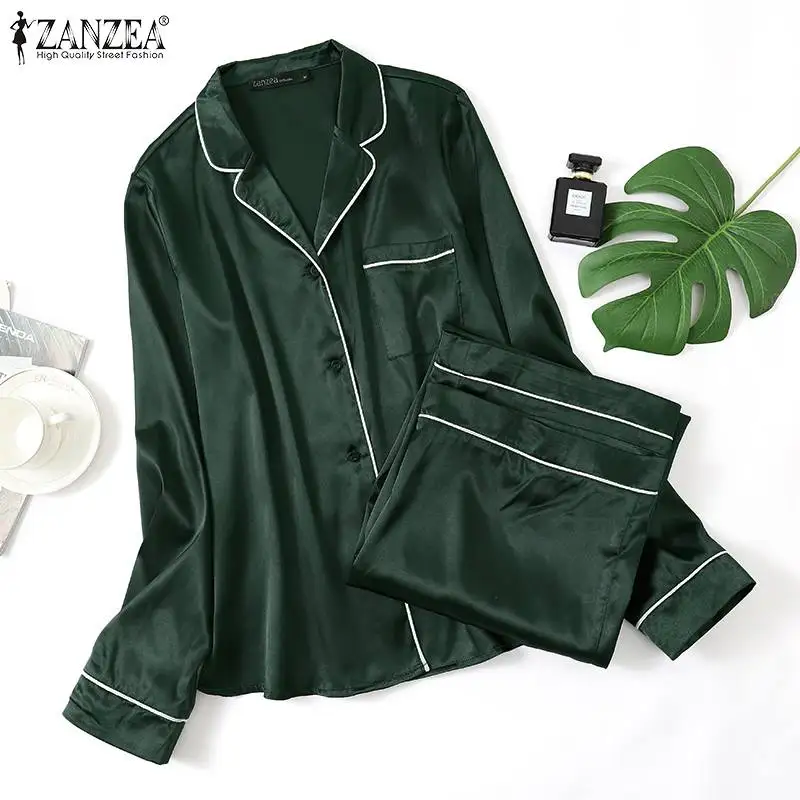 

Fashion Silk Satin Pajama Sets ZANZEA 2021 Spring Casual Loungewear Homewear Suits Plus Size Womens Two-piece Pajamas Nightwear