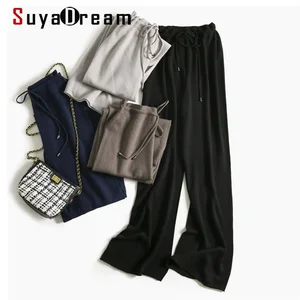 SUYADREAM женские трикотажные брюки 50% шерсть эластичный пояс прямые длинные брюки 2020 осень зима темно-синие брюки