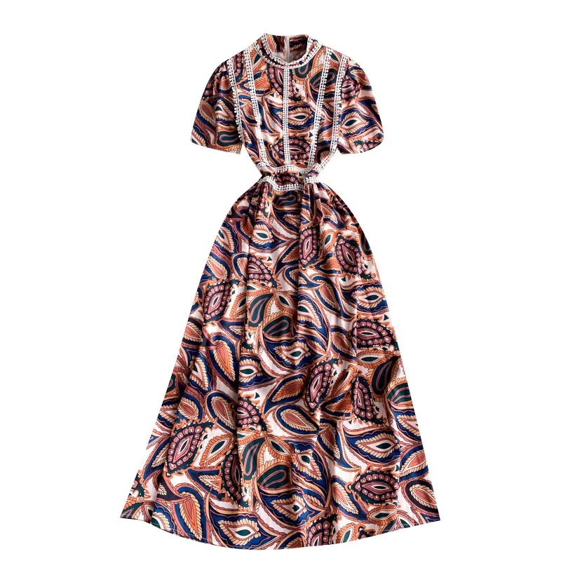 

European Women's 2021 New Temperament Vestidos Stand-up Collar Lace Stitching Slim Retro Print Midi Dress DK321