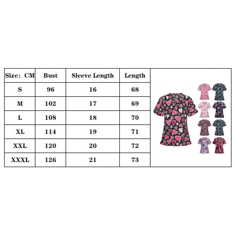 

Scrub Women Short Sleeve V-neck Tops Working Uniform Heart-shaped Print Blouse Nurse Uniform Accessories