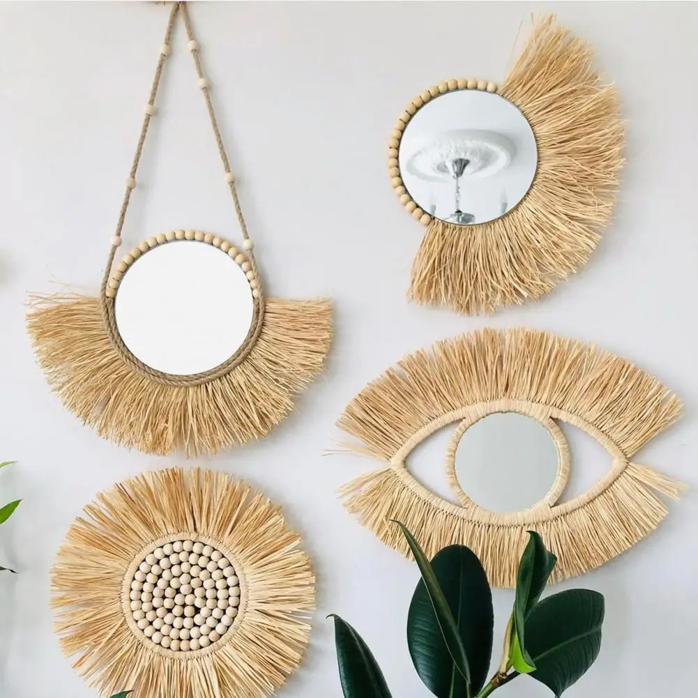 

40cm Round Rattan Hanging Mirror Straw Moroccan Wood Beads Acrylic Space-saving, Multi-function Decorative Ornament for Bedroom