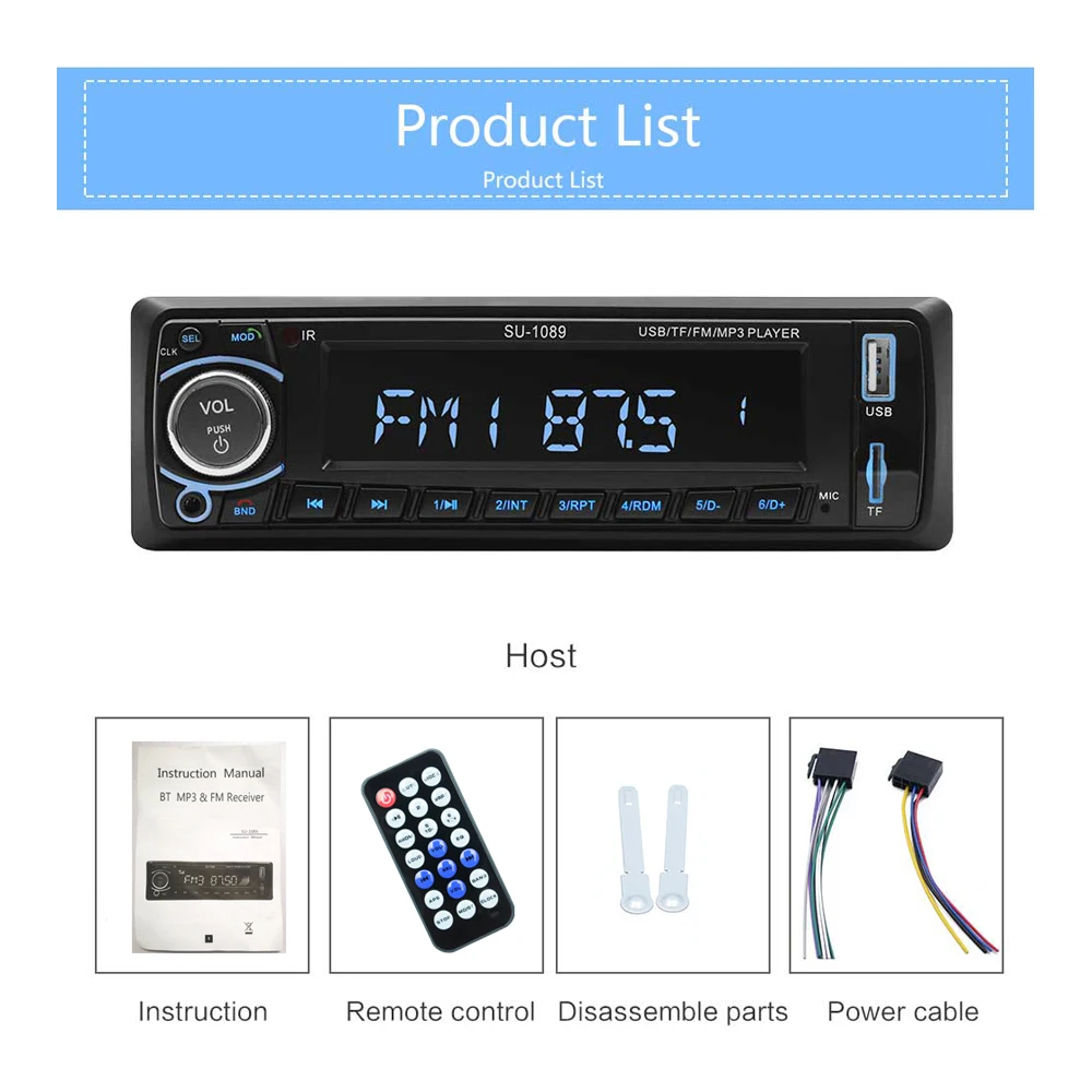 Автомагнитола 1Din MP3 мультимедийный плеер AUX USB зарядка телефона FM Bluetooth