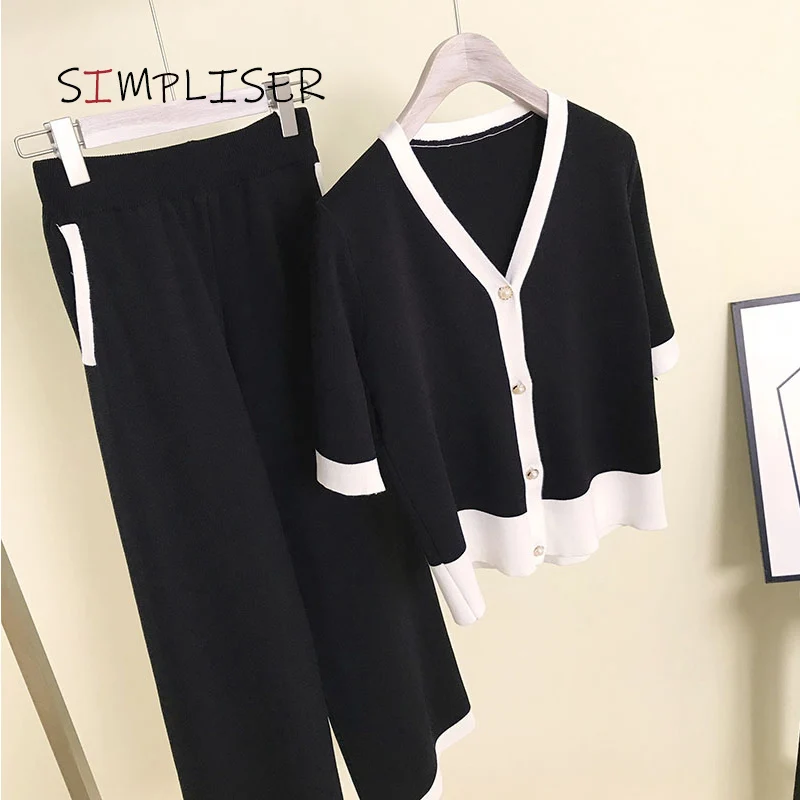 

Women Sweater 2 Pieces Set Women Knitted Tracksuit Cardigan + Elastic Waist Wide Leg Pants Set CHIC Knitted Half Sleeve Knitwear