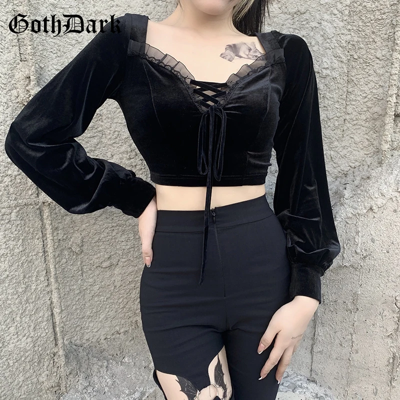 Goth Dark Romantic Gothic Velvet Women Crop T-Shirts Black Bandage Lace Patchwork Sexy Tops Lantern Sleeve Retro Ladies Clothing images - 6