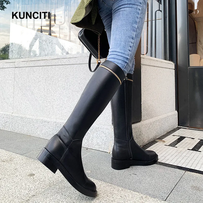 KUNCITI/; женские зимние сапоги до колена; сапоги на квадратном каблуке; ботинки в байкерском стиле; женская обувь на молнии; высококачественные высокие сапоги; B912