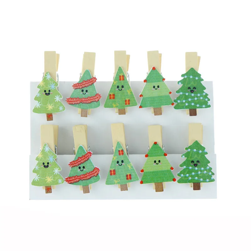 

10/12pcs Chirstmas Cartoon Wooden Paper Clip Bookmark For Album With Rope Message Stickers Stationery School Office Supply Decor