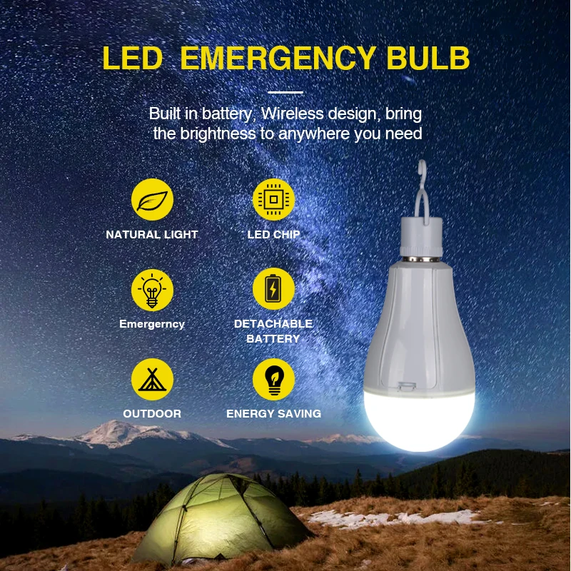 Portable LED Bulb E27 15W LED Emergency Light Dual Battery Rechargeable LED Bulb Lamp BBQ Hiking Emergency Lantern