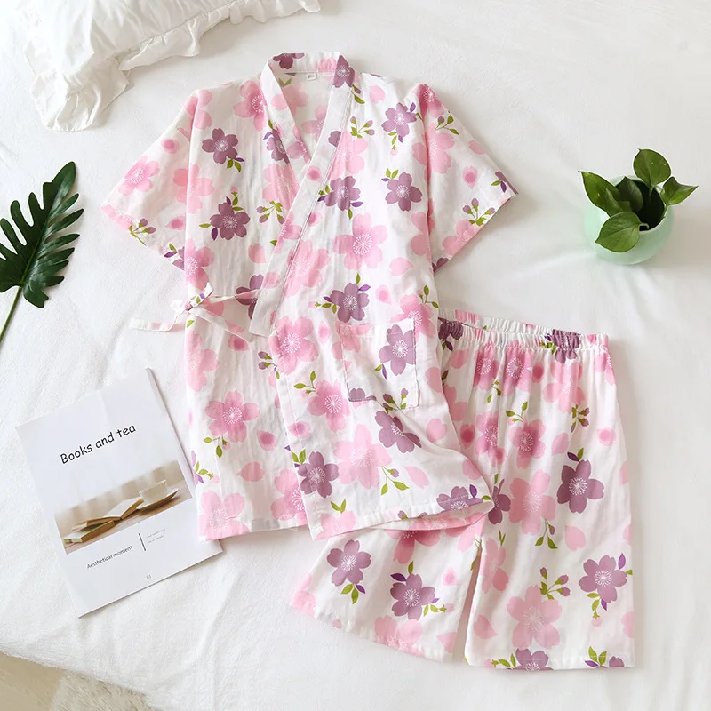 197 Cotton Pijama Women Homewear Flower Print Short Tops Kimono Shorts Casual Sleepwear Shirts Summer Pajama Loose  Pajamas Set
