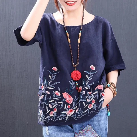 Женская винтажная блузка с цветочной вышивкой размера плюс Летняя Повседневная