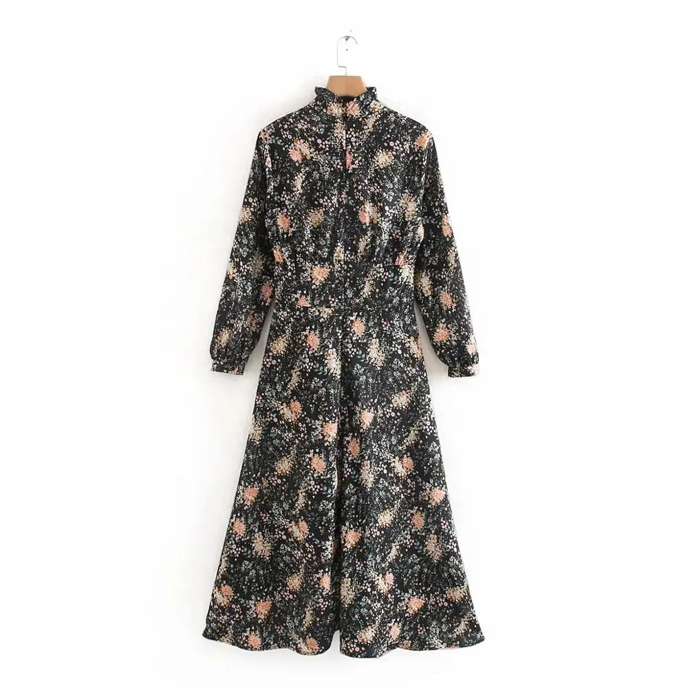 Винтажное женское платье миди с длинным рукавом и цветочным принтом, весна, свободные платья для отдыха и девушек со стоячим воротником, D3852