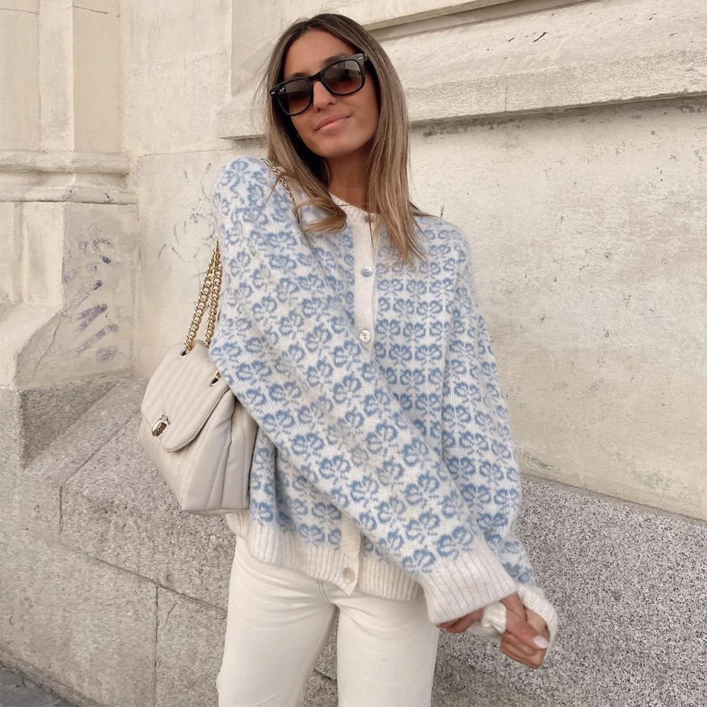 

Winter Clothes Women 2021 Fashion Casual Patterned Knitted Cardigan Sweater Crew Neck Long Sleeve Button Up Oversized Cardigans