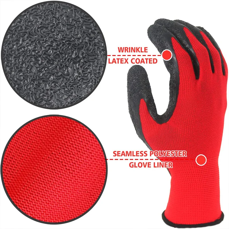 NMSafety Better Grip Ultra-Thin Knit Latex Dip Nylon Red Coated Work Gloves luvas de couro  Безопасность и
