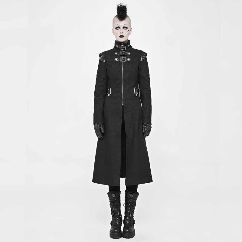 PUNK RAVE Steampunk Rock Black long women jacket coat Gothic Fashion Handsome Motorcycle Military Women Long Coat | Женская одежда