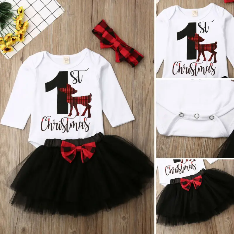 

My 1st Christmas Newborn Baby Girl Deer Long Sleeve Romper Tulle Skirt Clothes