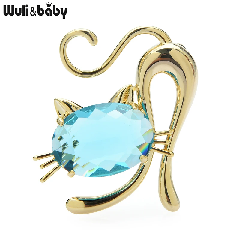 

Wuli&baby Crystal Running Cat Brooches For Women Designer Blue Pink Cat Pet Animal Party Office Brooch Pin Gifts