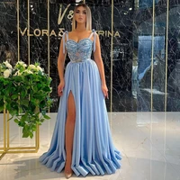 thinyfull sexy evening dress blue satin a line sweetheart prom dress beading pearl high split long cocktail party gown plus size