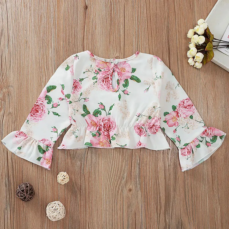Осенний повседневный комплект одежды для маленьких девочек Блузка с цветочным