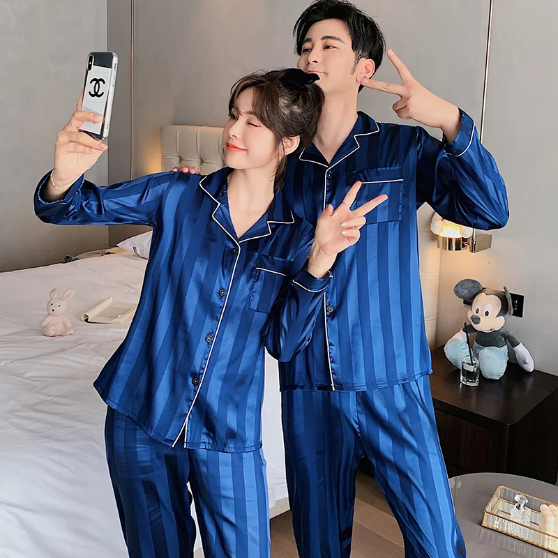 Autumn Homewear Couple 's Pajamas Set Long Sleeve Satin Silk Thin Plus Size Loose Men Women 's Two Piece Suit Spring Casual Tops