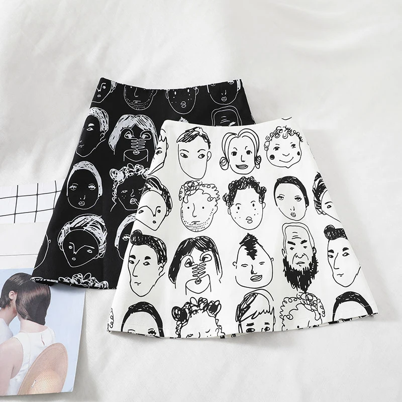 

Korean Harajuku Cartoon A-Line Women Skirt Casual Above Knee High Waist Kawaii Skirts Ladies Summer Vogue Cute Sweet Skirts