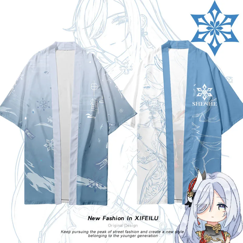 

Костюм для косплея аниме Genshin Impact Shenhe, летнее новое длинное кимоно юката, накидка хаори для мужчин и женщин, студенческий кардиган, пальто, то...