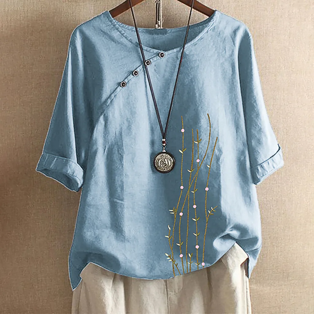 Женская блуза свободного кроя с цветочной вышивкой Кнопка размера плюс Boho Tanic