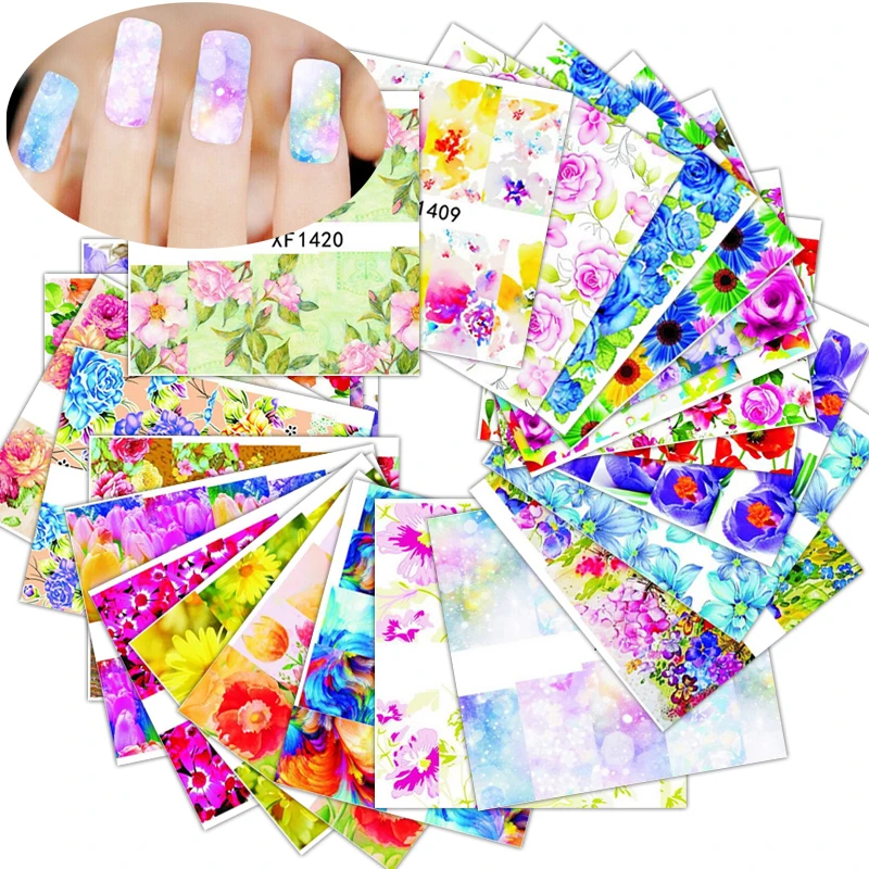 8-40PCS Nail Stickers Set Mixed Floral Geometric Nail Art Water Transfer Decals Sliders Flower Butterflies Manicures Decoration