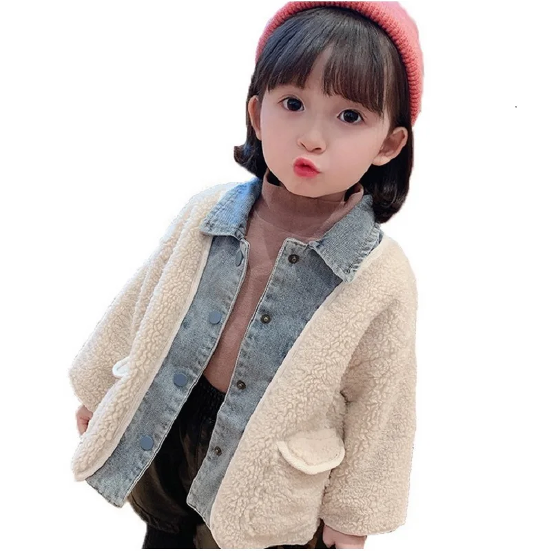 

Autumn Winter 1-6Years Old Baby Girls Jackets Lambs Wool Coats For Kids Warm Fleece Lapel Denim Edge Children Outerwear Overcoat