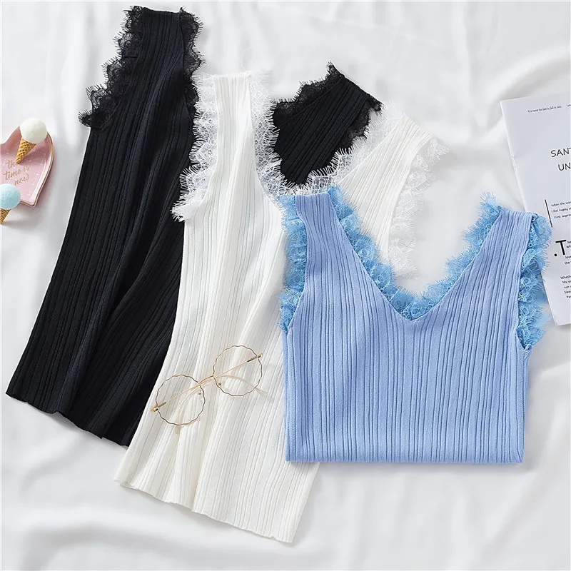 

New Summer Knitted Womens Tank Tops High Quality Sleeveless Solid Color V Collar Casual Woman Camis Fashion Lace Lady Tops