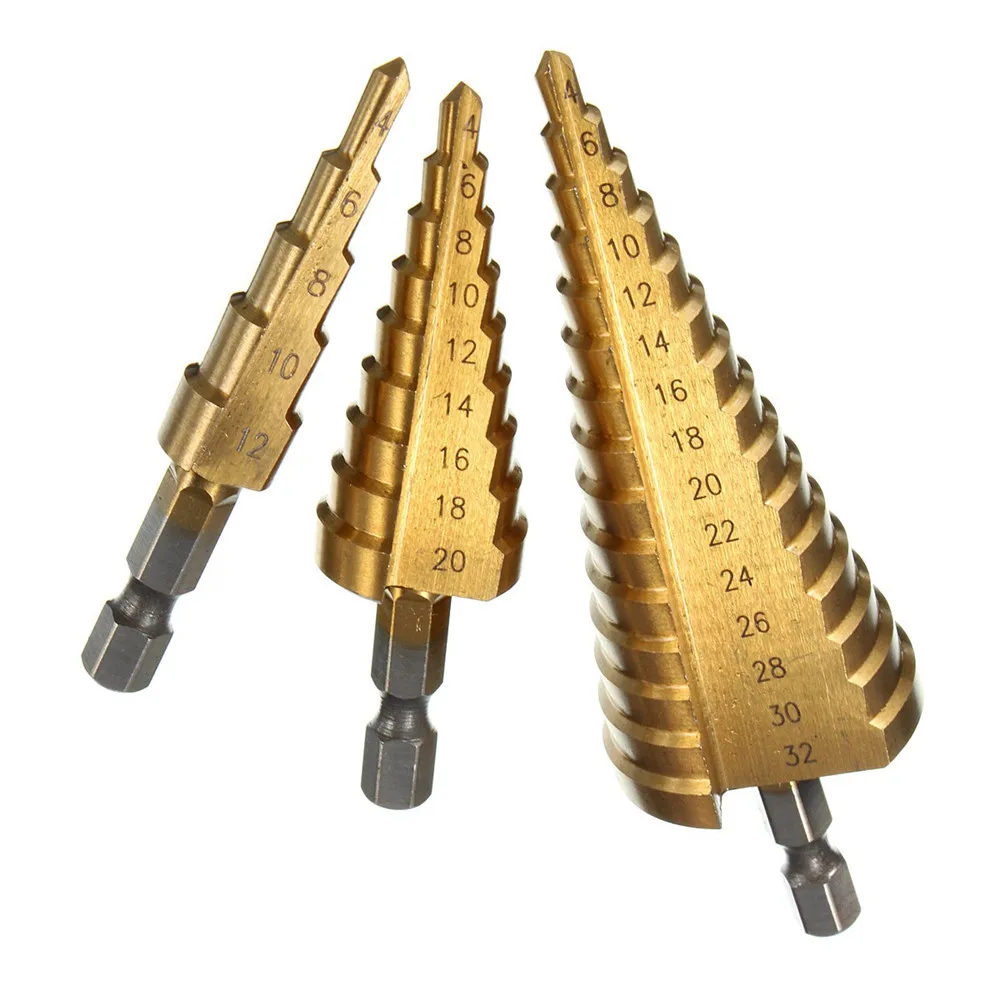 

3Pcs Hss Step Drill Bit Set Cone Hole Cutter Taper Metric 4-12/20/ 32mm 1 / 4 "Titanium Coated Metal Hex Core Drill Bits