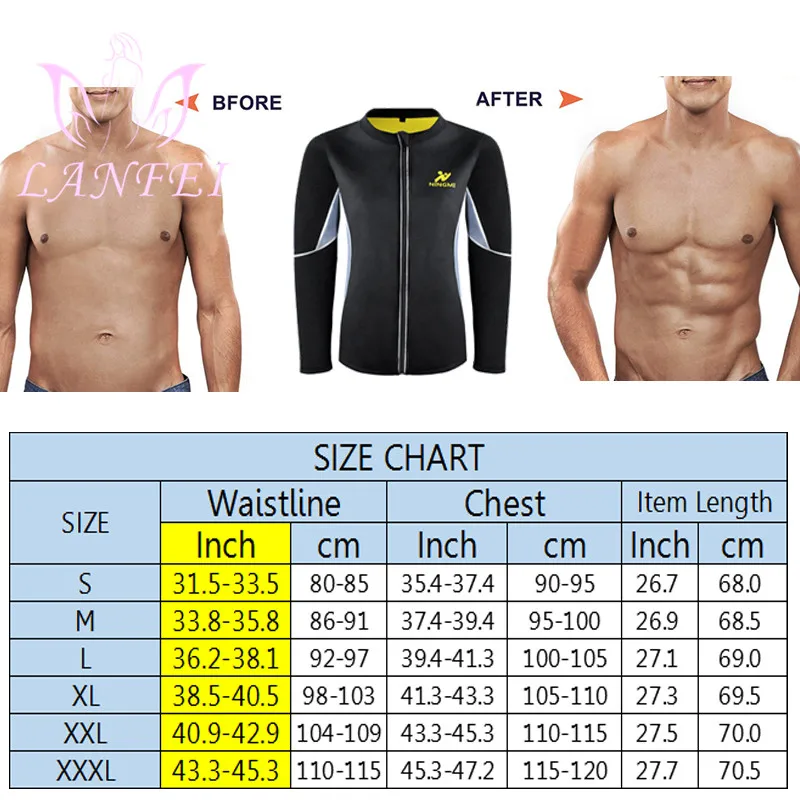 LANFEI Men Weight Loss Shirt Workout Neoprene Waist Trainer Body Shaper Tank Top Sweat Sauna Suit Exercise Fitness Long Sleeve