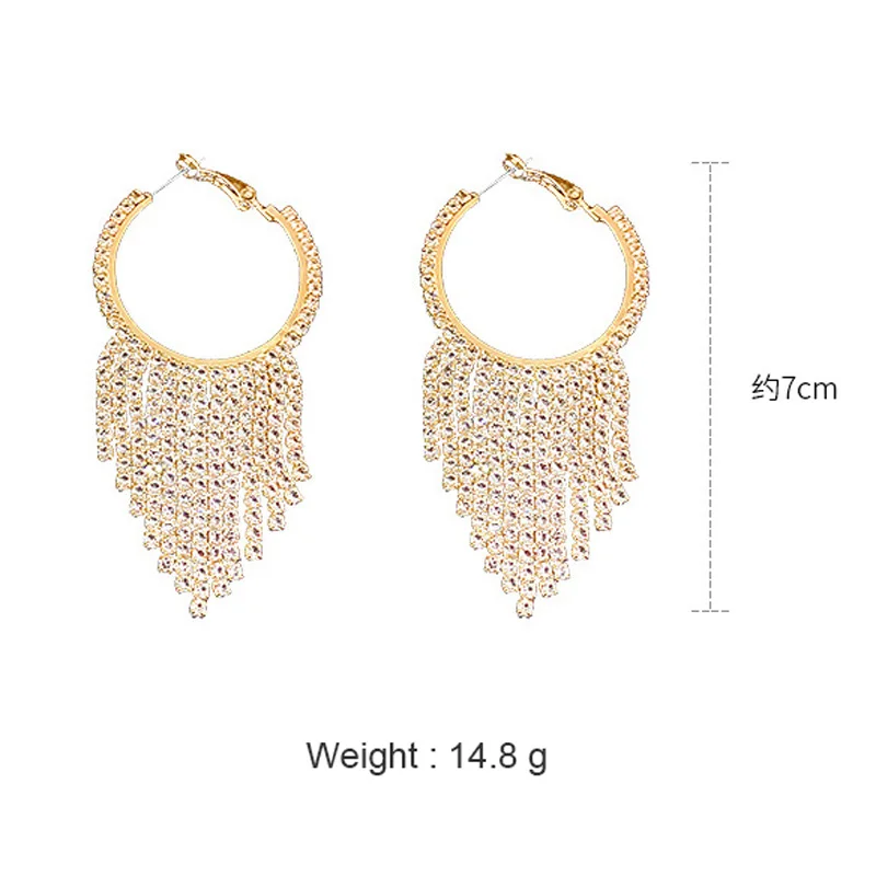 

USTAR Full Rhinestone Tassel Drop Earrings for Women Gold silver color Round Dangle Earrings Female Party Wedding Jewelry