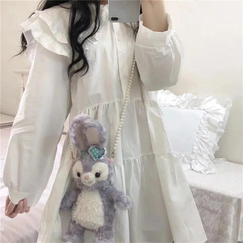 

Japanese Autumn Sweetheart Soft Girl College Style Sweety Dress Peter Pan Collar Kawaii Ruffles Full Sleeve Vintage White Dress