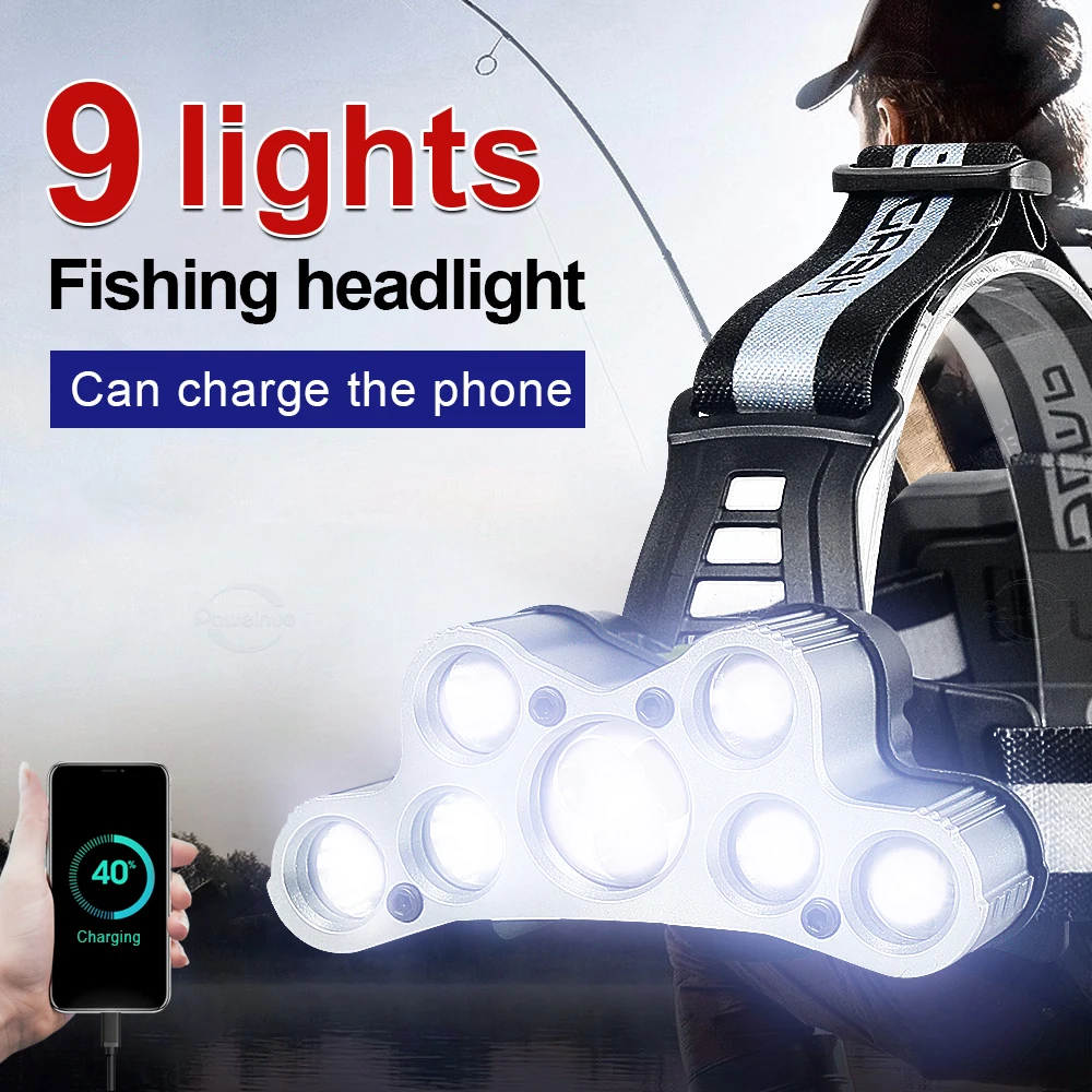 

Мощный налобный фонарь с 9 светодиодами 18650, Аккумуляторный usb-фонарь CREE XML T6, водонепроницаемый налобный фонарь, налобный фонарь для рыбалки,...