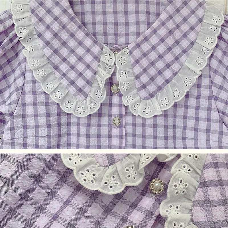 

Shirts Women Sweet Purple Lovely Girls Peter Pan Collar Plaid Flare Sleeve Korean Style Cropped Students Tender Aesthetic Cute