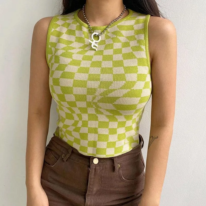 

Summer Plaid Printed Knitted Tops Summer Y2K Harajuku Tops Women Top Sexy Streetwear Crop Aesthetic T-Shirts Club Vint N8J5