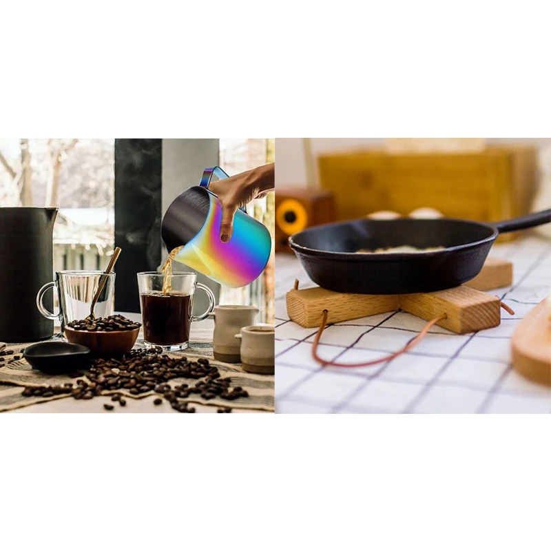 1 Set 350Ml Stainless Steel Latte Art Frothing Pitcher Barista Milk Jug Cup &amp Pcs Nordic Style Solid Wood Pot Pad | Дом и сад