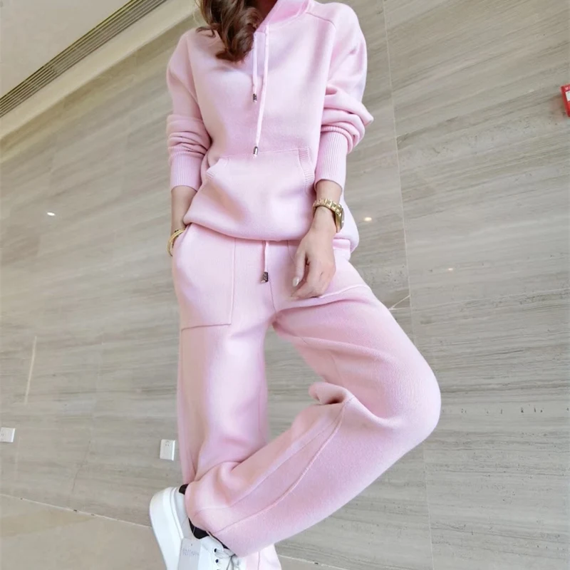 Pink Новая Осенняя вязаная водолазка, повседневный комплект из двух предметов, свитшоты и штаны, женский спортивный костюм - Цвет: Pink