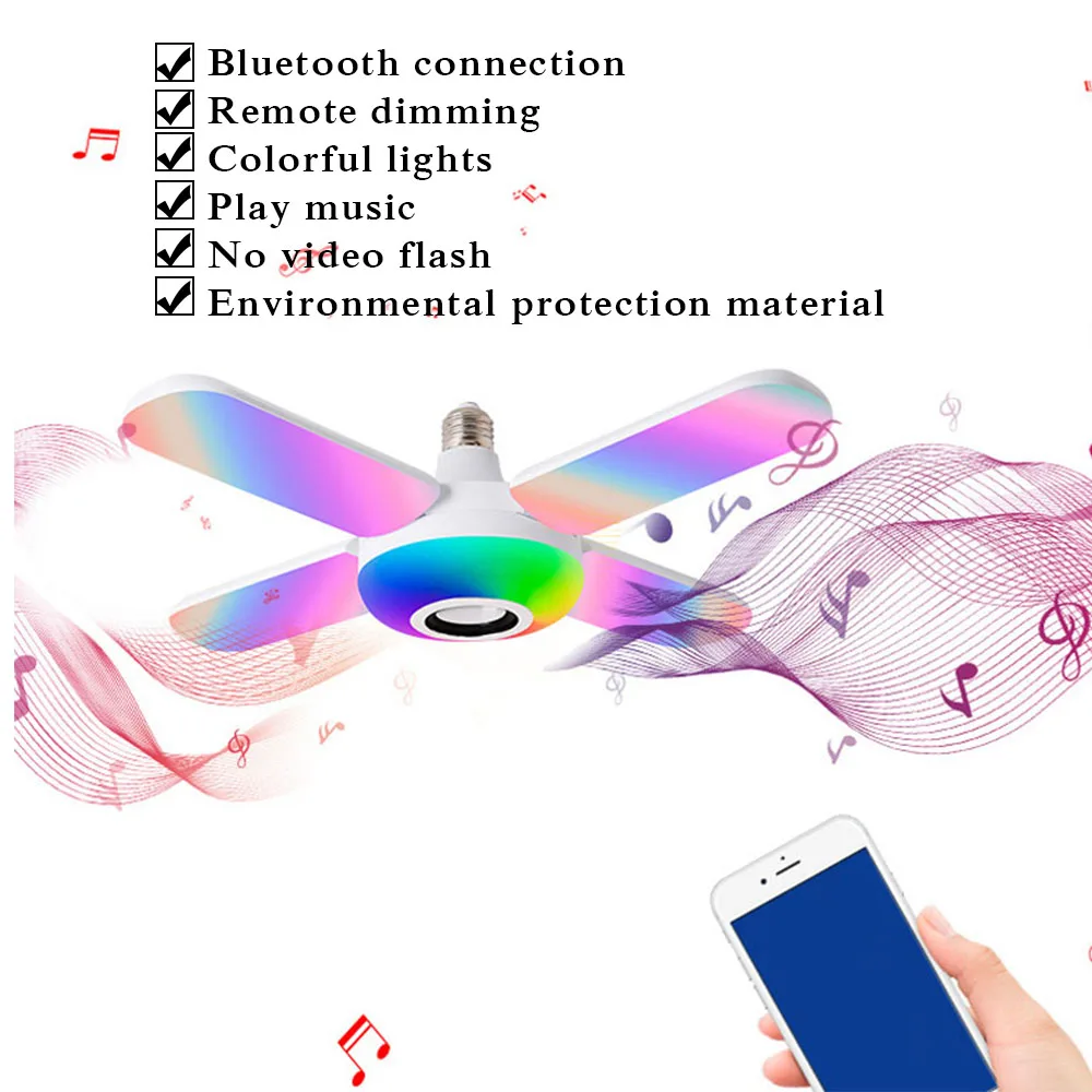 Smart RGB Led Bulb APP Bluetooth Music Light E27 Foldable Fan Blade 50W Living Room Speaker Ceiling Lamps With Remote Control | Освещение