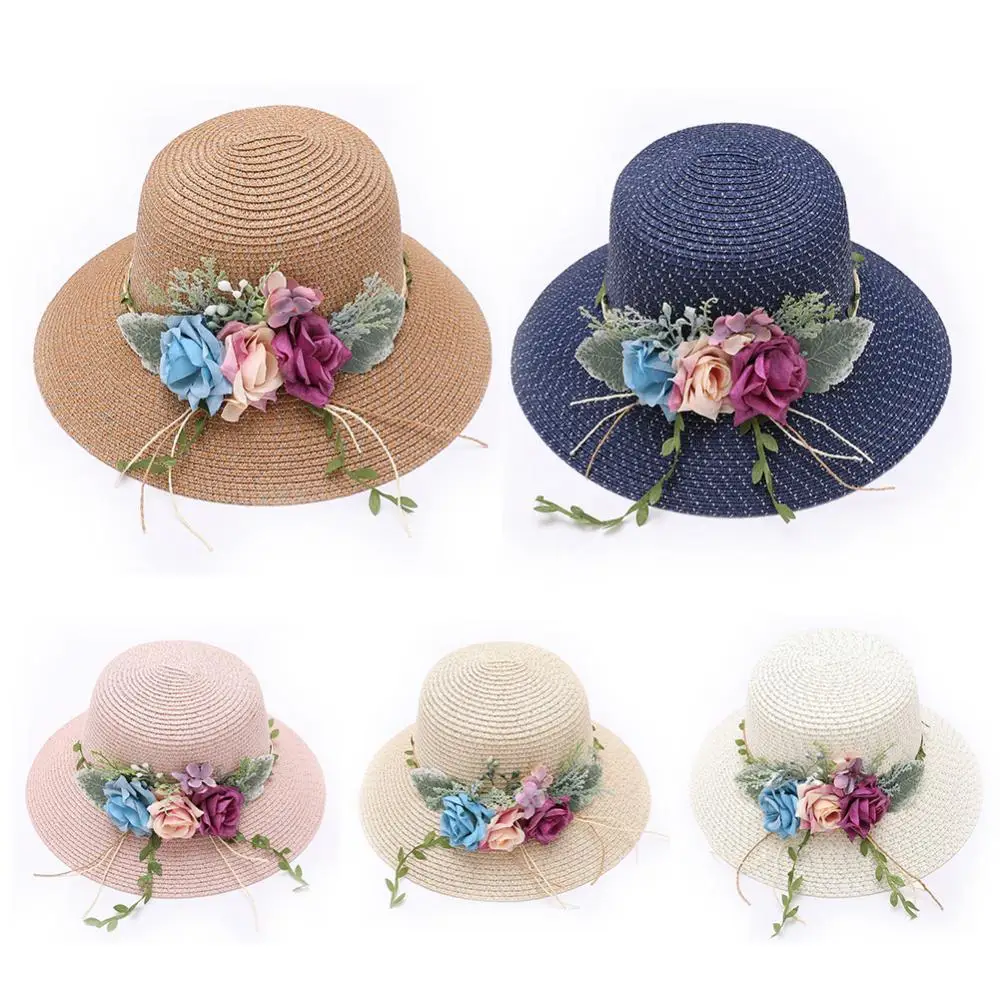 

Fashion Women Summer Faux Flower Wreath Foldable Wide Brim Beach Straw Hat Anti-UV Sunhat Cap casquette femme 2021