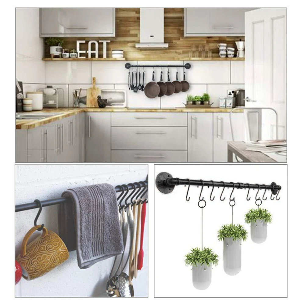 

Wrought iron Wall Mounted Pots Pans Kitchen Hanging Organizer Pot Lid Utensil Holder Simply Coffee Mug Rack With 10 Hooks