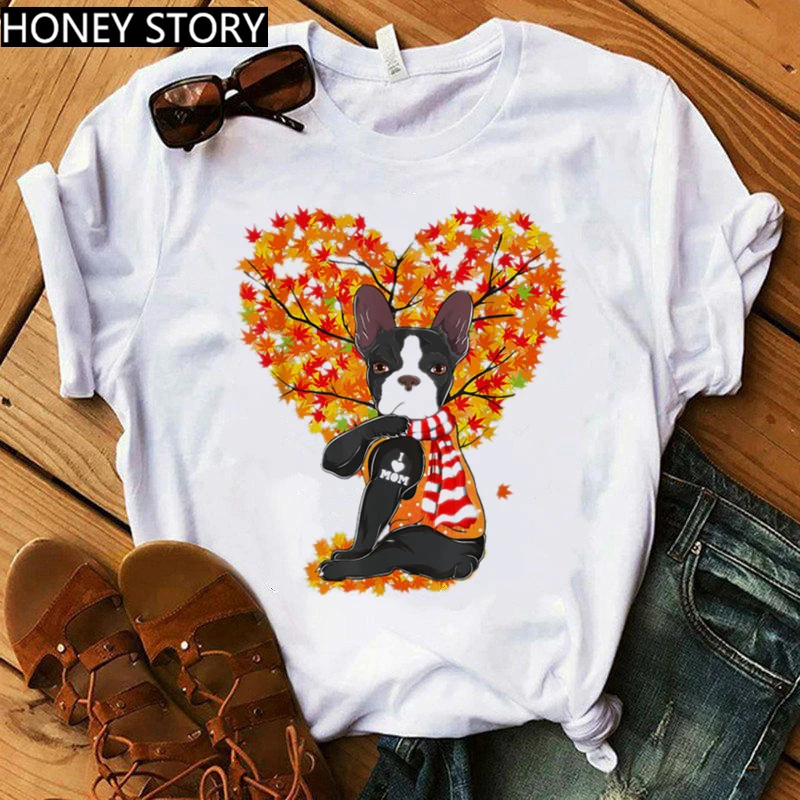 

Women Hararuku Mama T-shirt Boston Terrier I Love Mom T-shirt Leopard Bandana T Shirt Female Summer Short Sleeve Tshirt