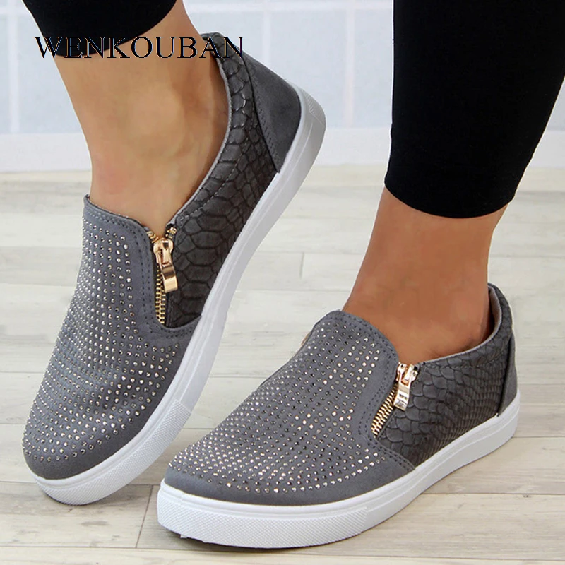 Обувь на платформе Женские лоферы без застежки плоской подошве со стразами