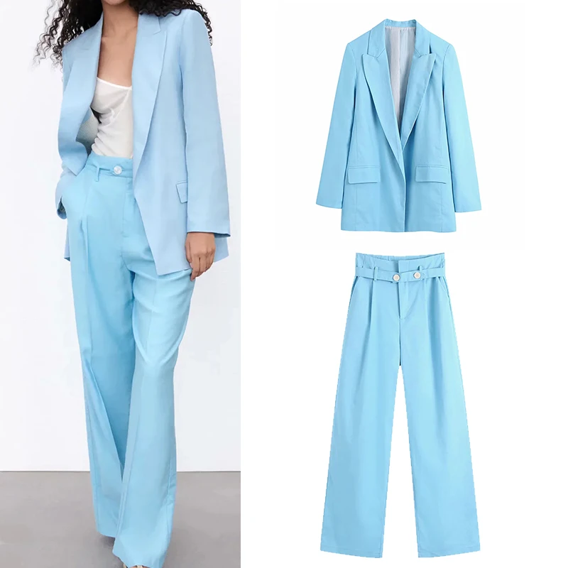 

WESAY JESI женская одежда Za брючный костюм синий Блейзер повседневные свободные модные брючные костюмы брюки с высокой талией комплект из двух ...