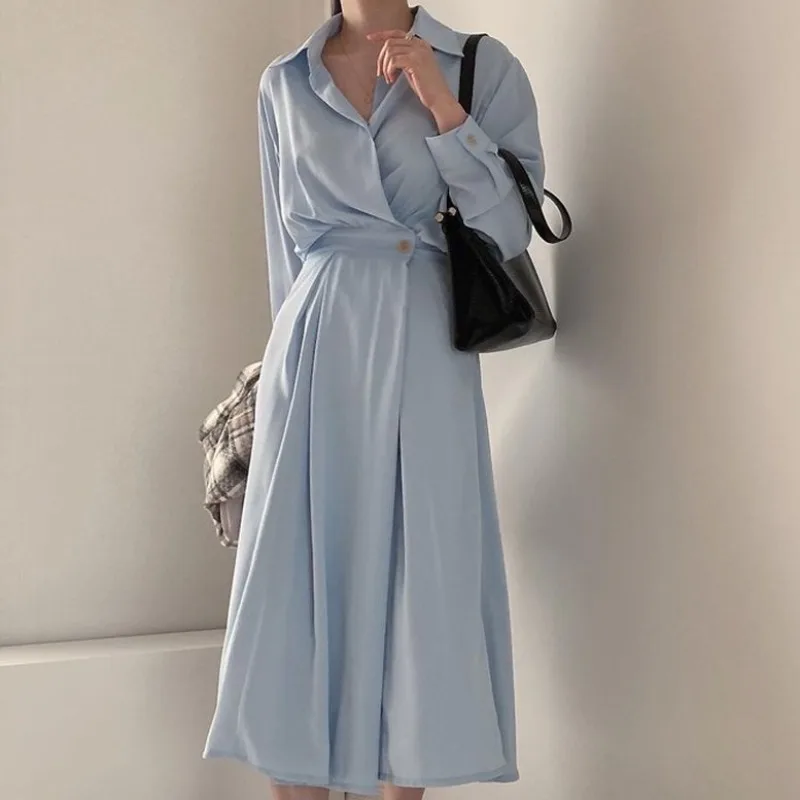 

Женское платье-рубашка JSXDHK, голубое офисное платье на одной пуговице, с отложным воротником, для лета, 2021