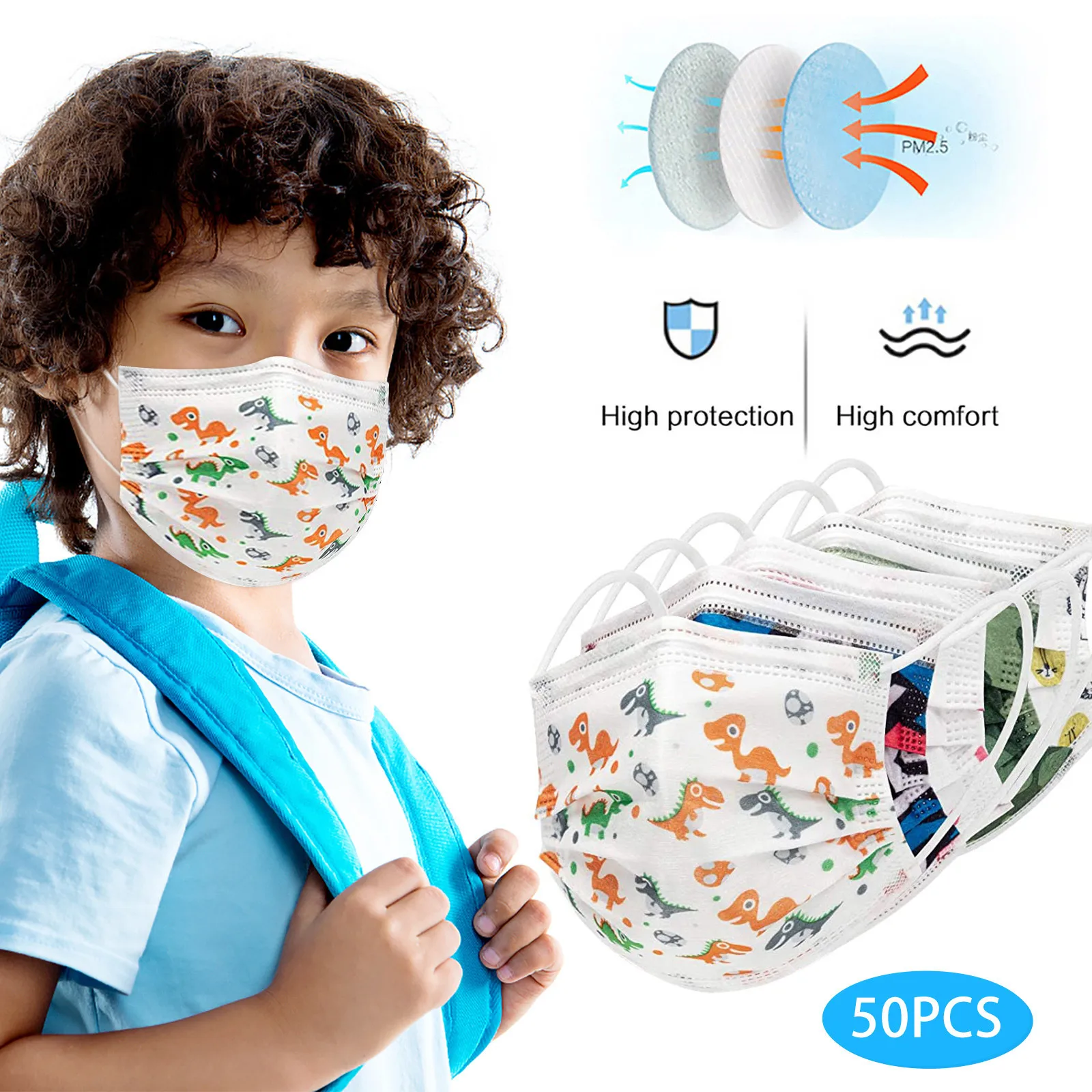 

50 шт., одноразовая маска для лица с принтом динозавра