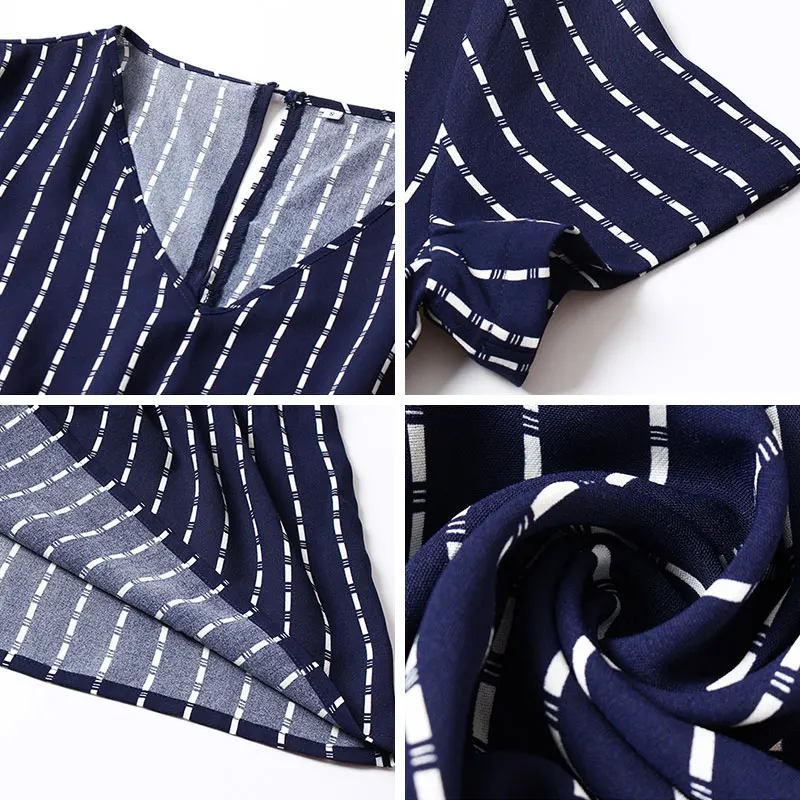 

2021 New Summer Elegant Ladies Short Sleeve Striped Dress Women V-neck Ruffles High Waist Lace Up Knee-Length Dress