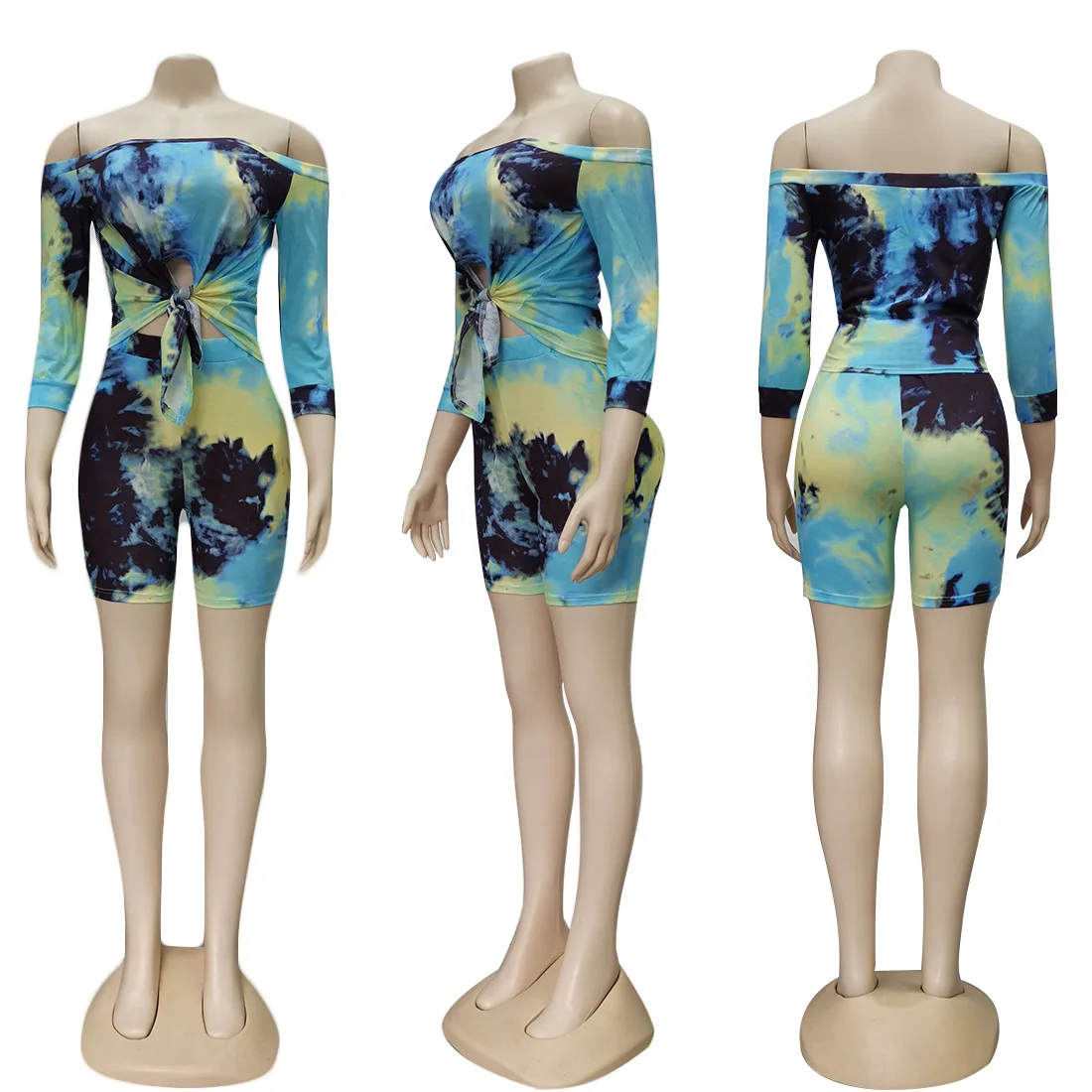 

Color Tie-Dye 2-Piece Set Of Large Size Women's Sexy One-Neck Short-Sleeved Top + Shorts Matching Suit Fashion Casual Suit 2021