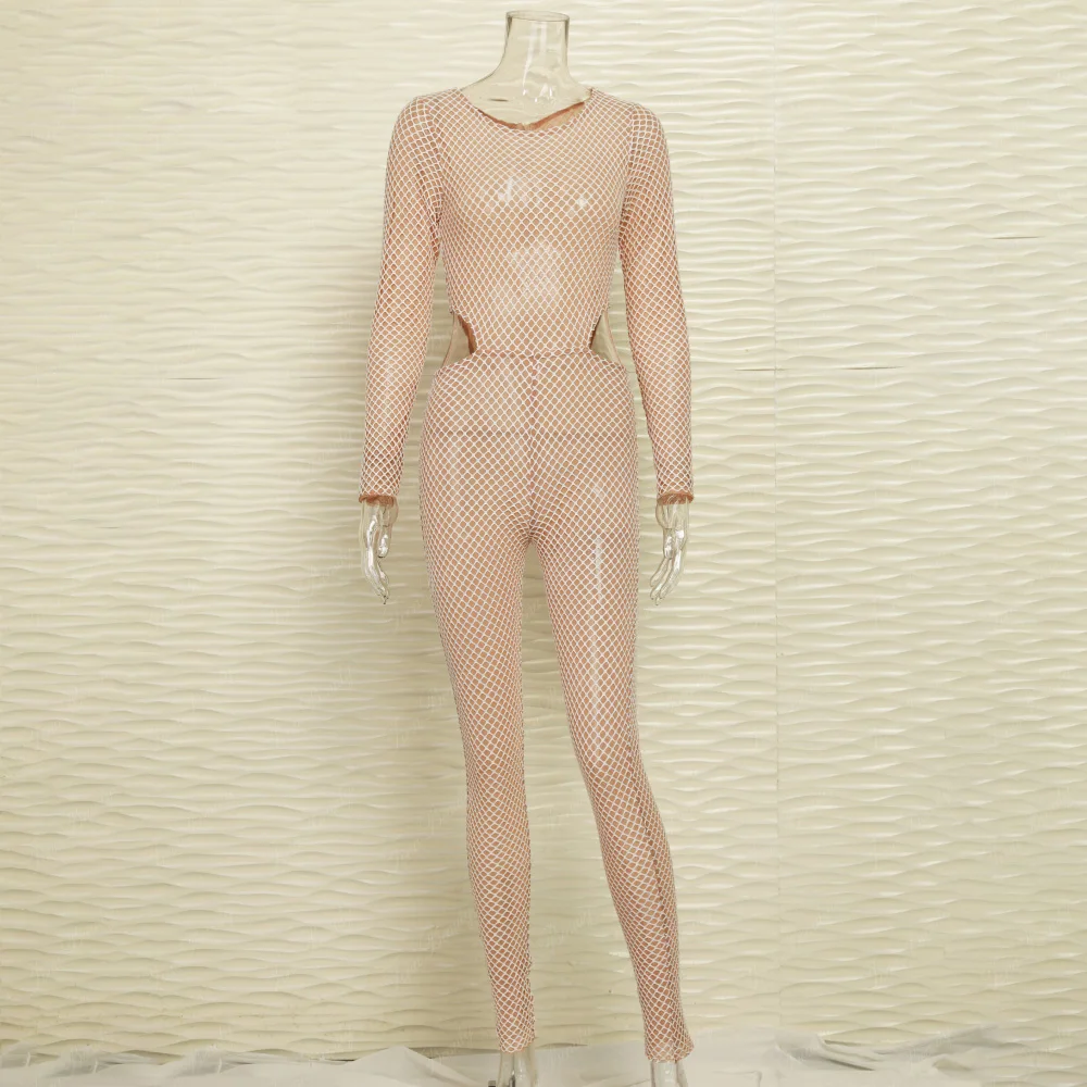 jumpsuit Блестящее прозрачное боди в стиле кхлое Кардашьян, прозрачное, с вырезом на талии, с петельками, обтягивающее, Сетчатое, полностью облегающее, в сеточку - Цвет: jumpsuit