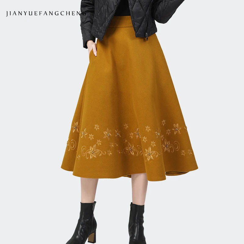 Autumn Winter Women Woolen Skirt Mid-Length Yellow Embroidery High Waist A-Line Skirts Pocketed Elegant 2021 New Female Bottoms