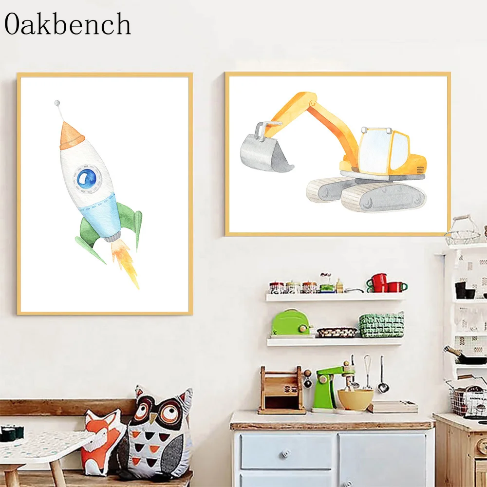 Плакат на холсте с изображением грузовиков машин самолетов строительных